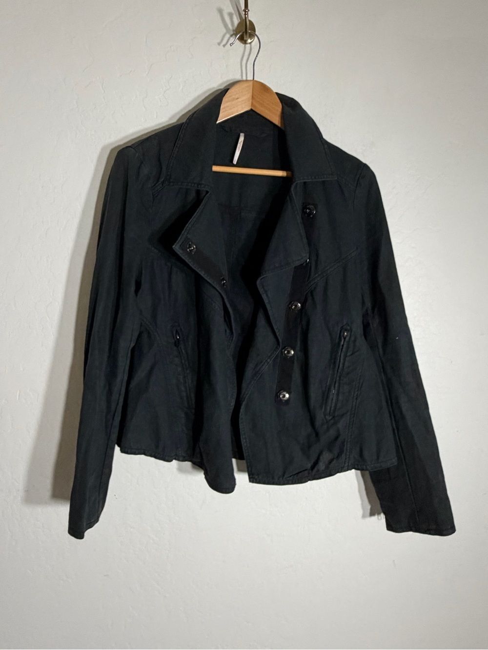 Free People Black Linen Blend Asymmetrical Moto Jacket Size S